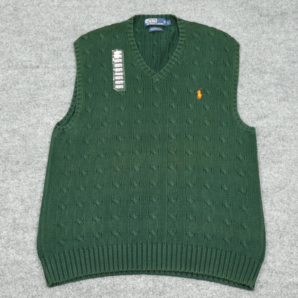 Polo Ralph Lauren Sweater Mens Large Green Cable Knit Pima Cotton V-Neck Vest